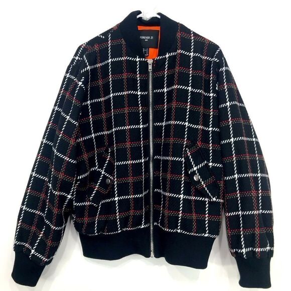 Forever 21 Black White Red Plaid Zip Up Quilt lined Jacket - Picture 3 of 16